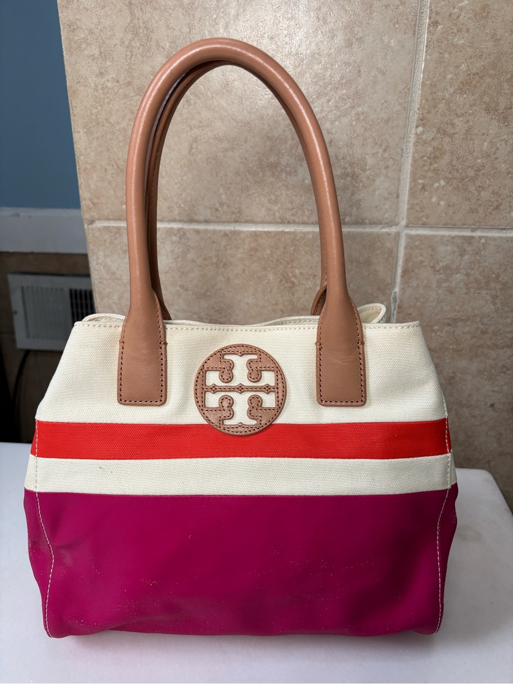 Tory Burch Canvas Stripe Tote in Fuchsia, Cream and Red with Tan Handles